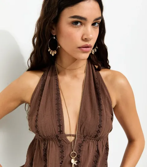 Women's Dark Brown Cotton Rich Floral Embroidered Stripe Halter Top