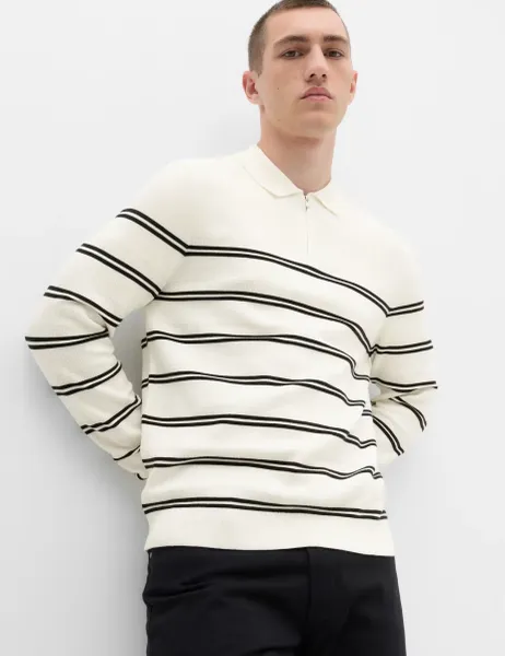 Marks & Spencer Cotton Rich Half Zip Knitted Polo Shirt Ecru Mix