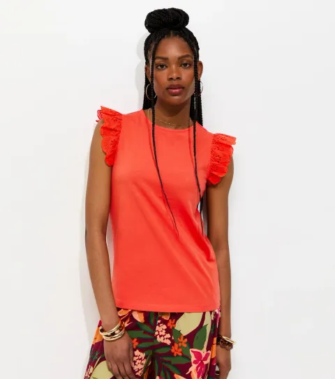Women's Bright Orange Broderie Frill Sleeve Top