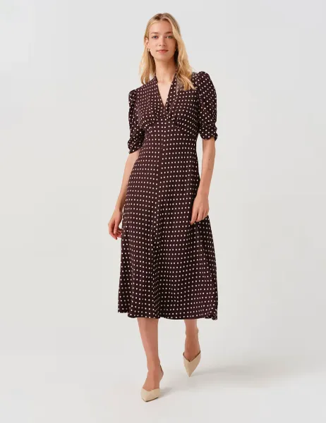 Ghost Polka Dot V-Neck Midi Tea Dress Brown Mix