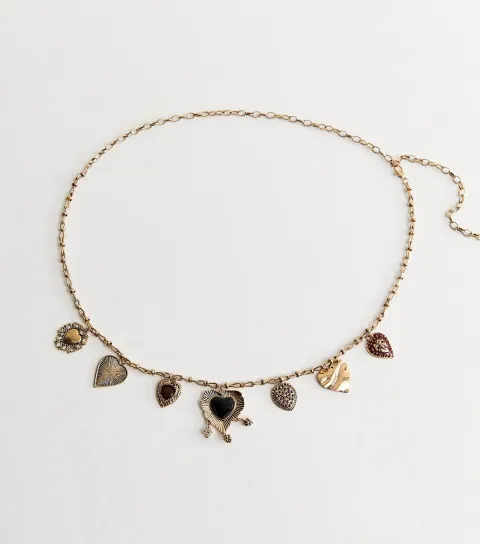 Gold Tone Heart Charm Chain Belt