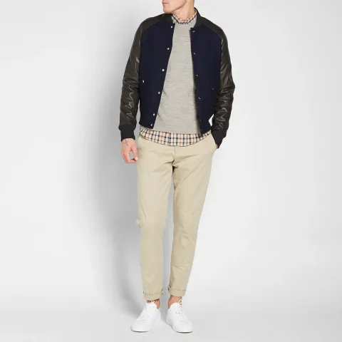 AMI Leather Sleeve Teddy Jacket