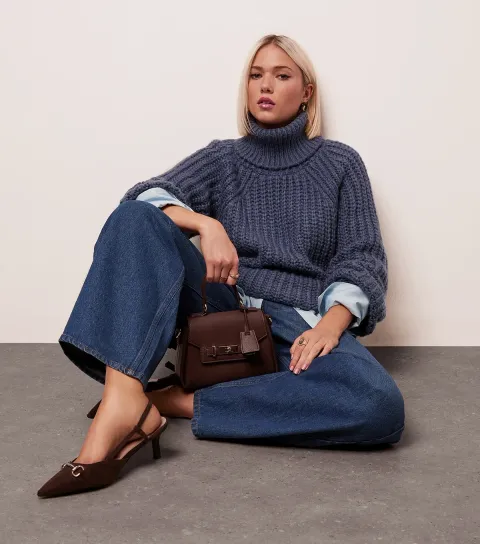Women's Blue Chunky Knit Roll Neck Jumper