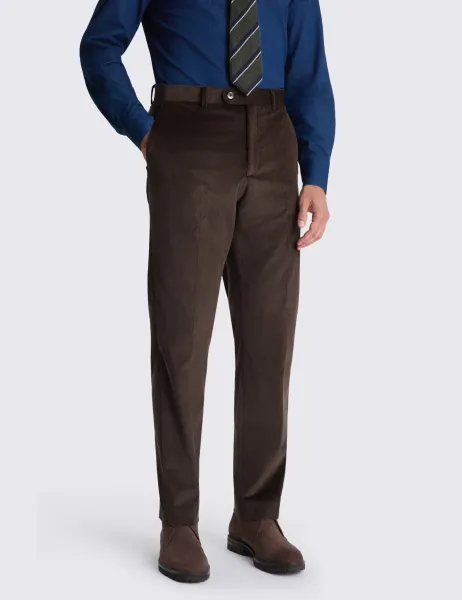 Moss Tailored Fit Cord Stretch Suit Trousers Dark Brown