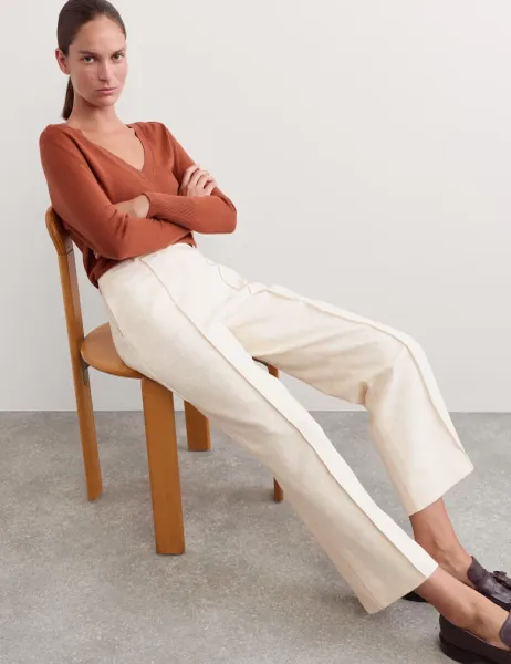 Jaeger Cotton Linen Jacquard Ankle Grazer Trousers Ivory