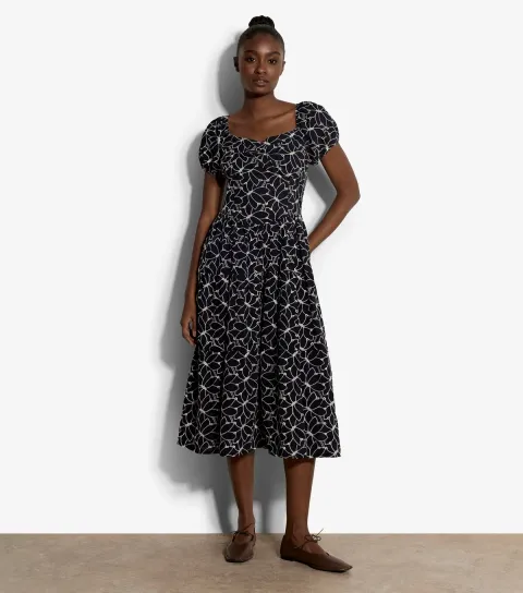 Women's Navy Embroidered Floral Milkmaid Midi Dress