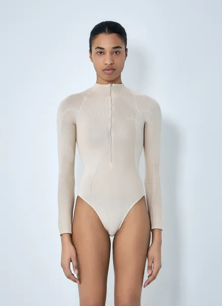 High-Neck Bodysuit in Ribbed Knit