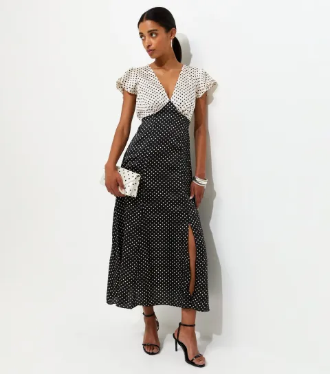 Women's Black and White Satin Polka Dot Midi Dress