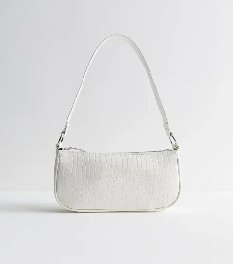 New Look White Faux Leather Crocodile Embossed Shoulder Bag Vegan