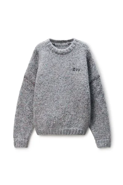 Grey Oversized Pullover with Hand-Crochet Logo
