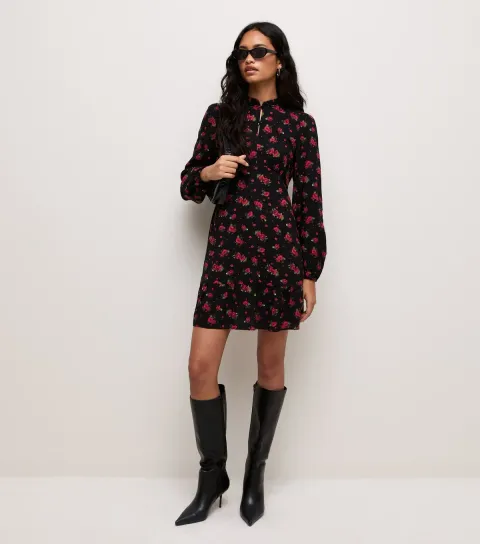 Women's Red Rose Print Frill Collar Long Sleeve Button Mini Dress