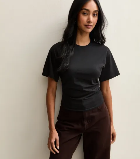 Women's Black Ruched Waist Crew Neck T-Shirt