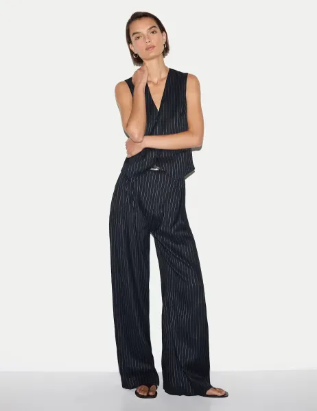 Jigsaw Linen Blend Pinstripe Pleat Front Wide Leg Trousers Navy Mix
