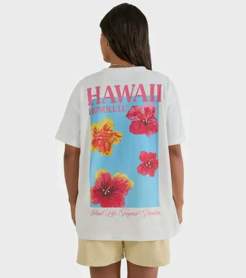 Women's White Cotton Hawaii Print Oversized T-Shirt