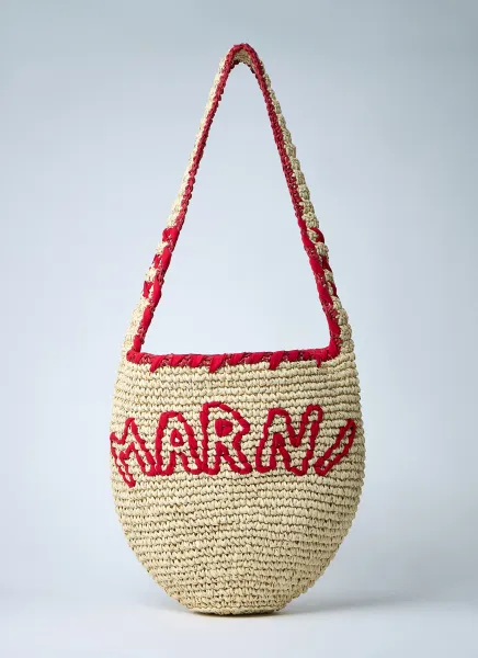 Logo Motif Raffia Shoulder Bag