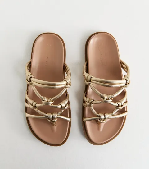 Women's Gold Faux Leather Interwoven Slim Sole Sandals Vegan