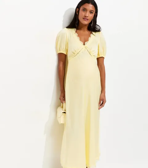 Women's Maternity Yellow Lace Trimmed Satin Midi Tea Dress