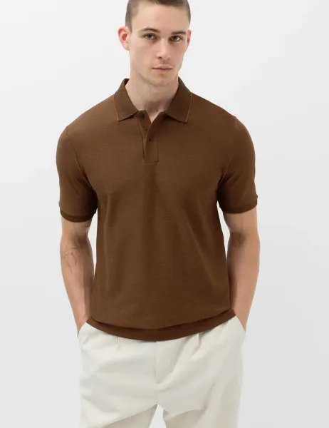 Marks & Spencer Cotton Rich Striped Short Sleeve Polo Shirt Bronze