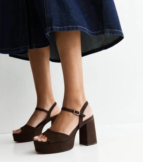 Women's Brown Faux Suede Platform Block Heel Sandals Vegan