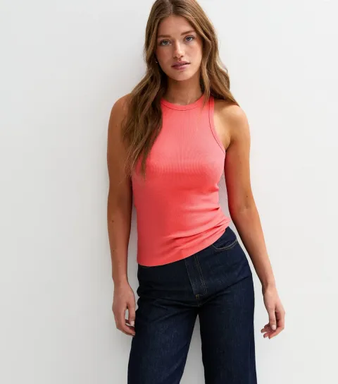 New Look Women's Dark Coral Rib Jersey Racer Vest