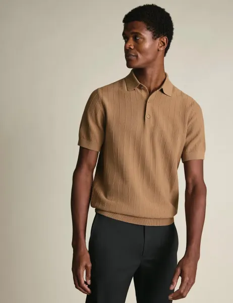 Charles Tyrwhitt Pure Cotton Textured Knitted Polo Shirt Camel