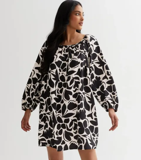 New Look Women's Black Abstract Print Boat Neck Mini Dress