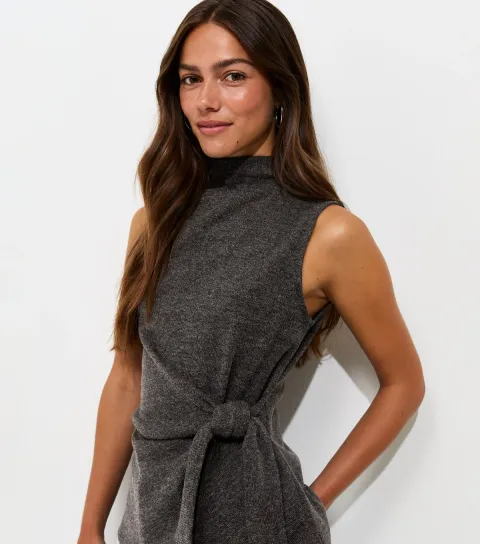 Women's Petite Dark Grey Soft Touch Sleeveless Tie Waist Top