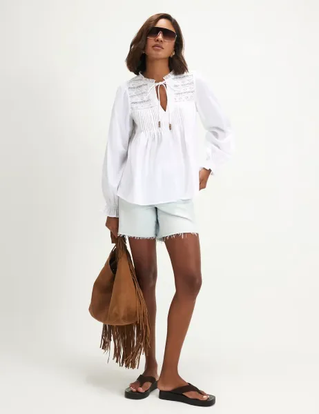 River Island Lace Yoke Pintuck Blouse White