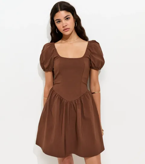 Women's Dark Brown Puff Sleeve V Waist Mini Dress