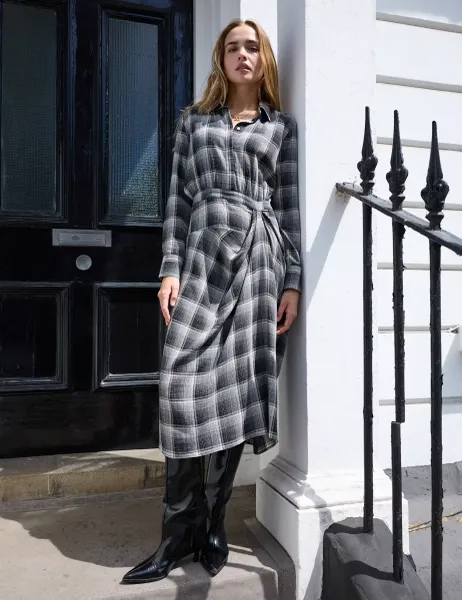 BAUKJEN Wool Blend Checked Midi Shirt Skater Dress Grey