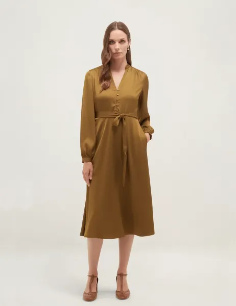 Hobbs V-Neck Tie Waist Knee Length Skater Dress Green