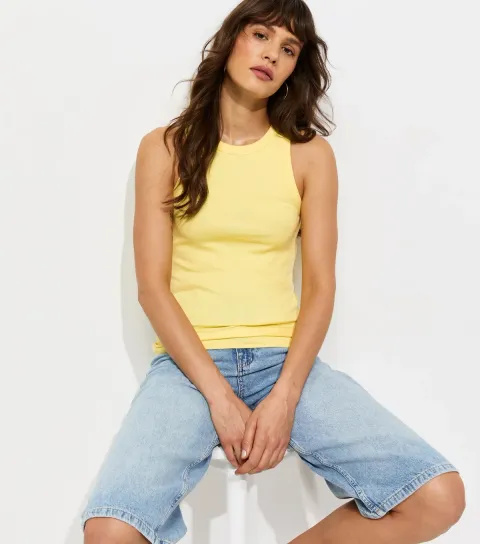 Women's Tall Light Yellow Cotton Rich Ribbed Racer Vest