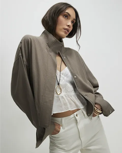 River Island Linen Blend Funnel Neck Jacket