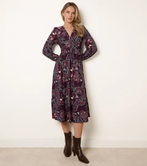 Women's Navy Button Front V Neck Midi Dress