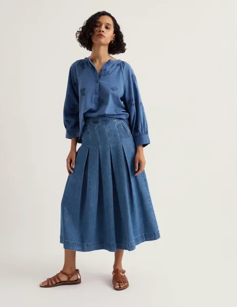Seasalt Cornwall Denim A-Line Midi Skirt with Linen Blue Denim