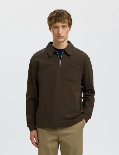 Selected Pure Cotton Half Zip Sweatshirt Dark Brown