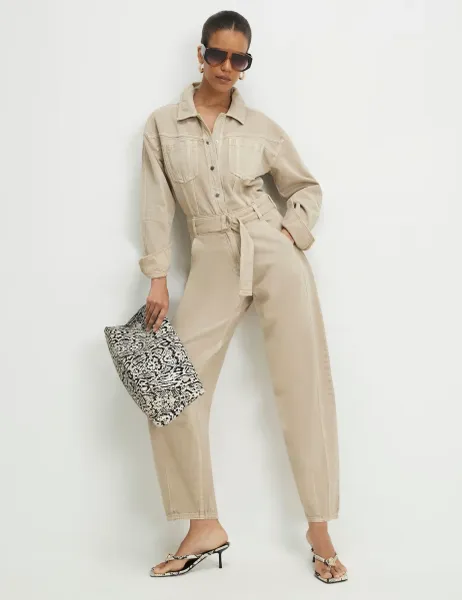 River Island Denim Belted Jumpsuit Beige