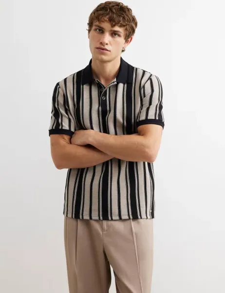 River Island Slim Fit Pure Cotton Striped Short Sleeve Polo Shirt Stone