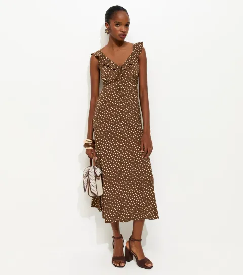 Women's Brown Ruffle Strap Polka Dot Midi Dress