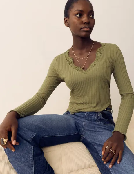 Per Una Lace Trim Pointelle Long Sleeve Top Sage