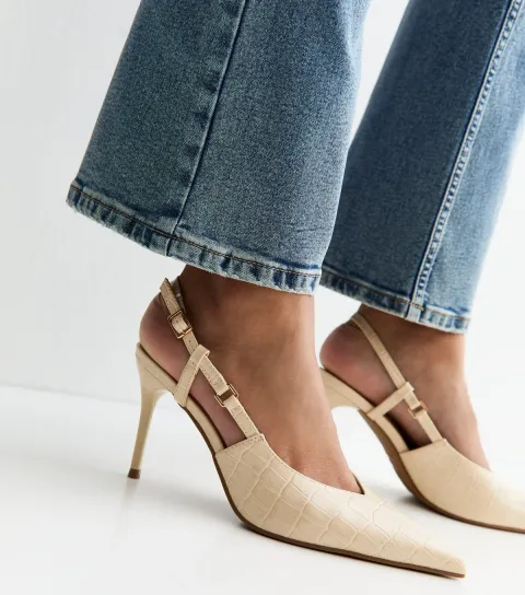 New Look Women's Off White Embossed Croc Slingback Court Shoes Vegan