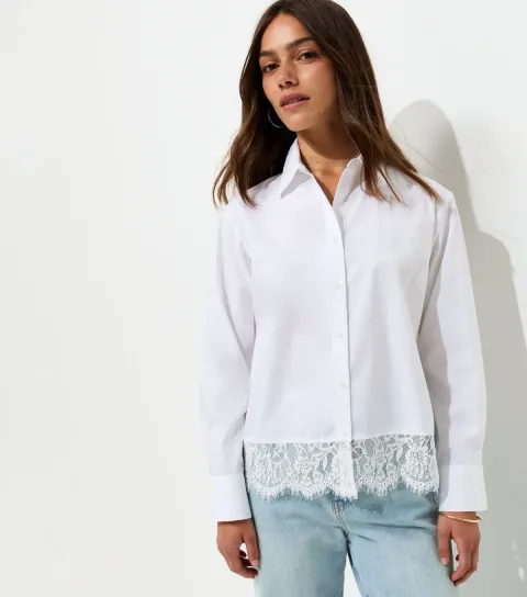 Women's Petite White Cotton Rich Poplin Lace Trim Shirt
