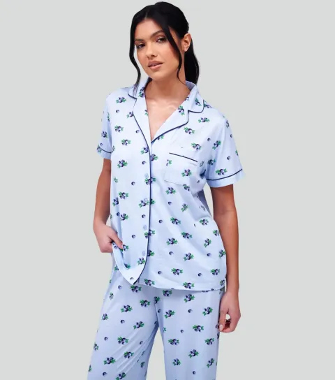 Women's Blue Blueberry Print Short Sleeve Shirt and Trousers Pyjama Set