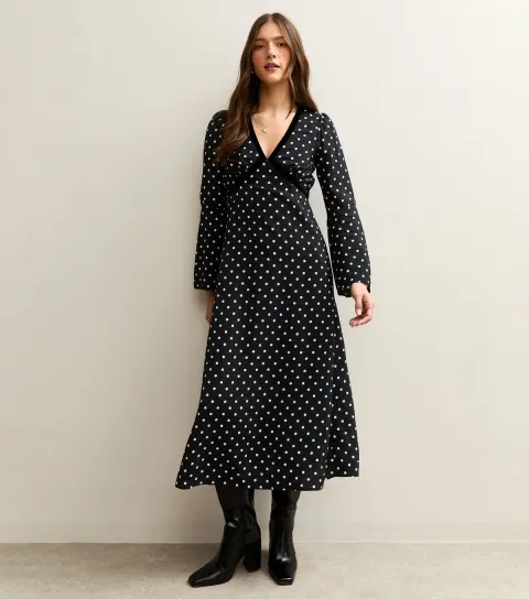 Women's Black Polka Dot Flared Sleeve Velvet Detail Midi Dress