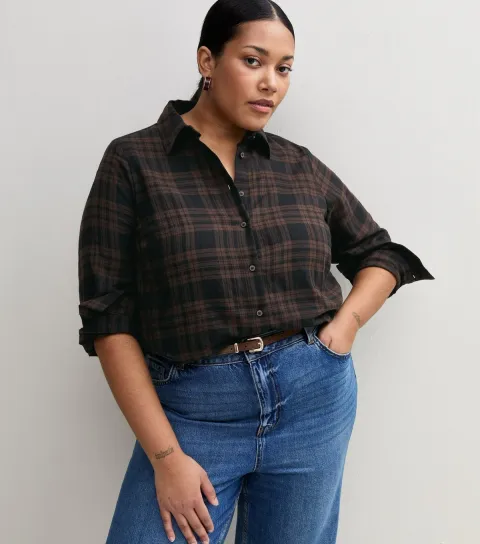 New Look Women's Plus Size Brown Cotton Rich Checked Long Sleeve Shirt Curves