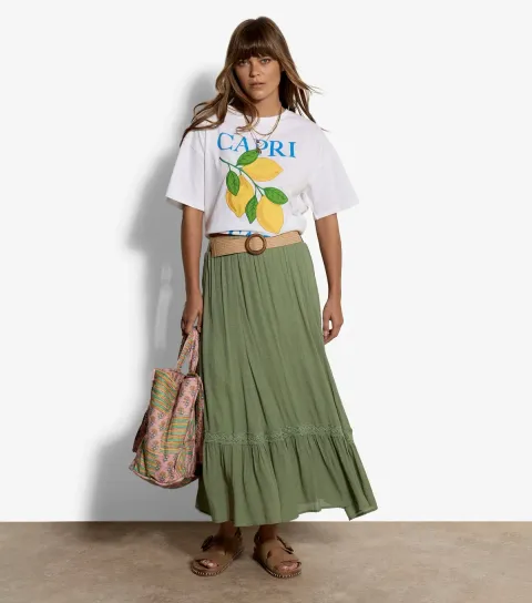 Women's Light Green Lace Trim Tiered Midi Skirt