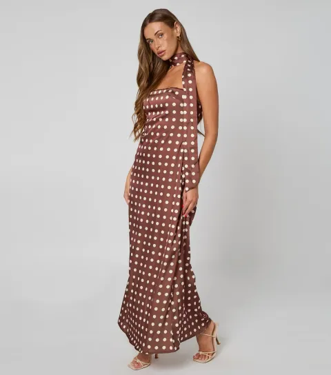 Women's Brown Polka Dot Tie Neck Maxi Dress