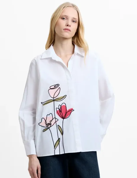 French Connection Pure Cotton Floral Embroidered Shirt White Mix