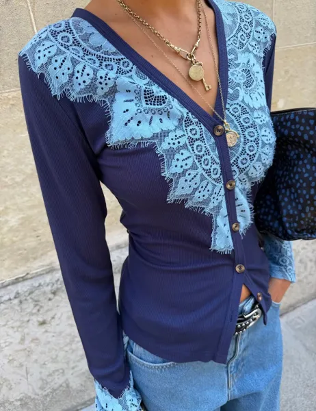 Never Fully Dressed V-Neck Lace Detail Fitted Cardigan Navy Mix