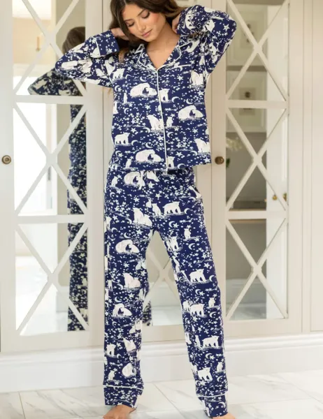 Pour Moi Pure Cotton Polar Bear Christmas Pyjama Set Navy Mix
